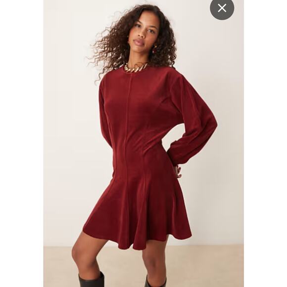ASOS Women's Deep Red Chunky Corduroy Ruffle Flare Keyhole Back Mini Dress 12 - Picture 1 of 4